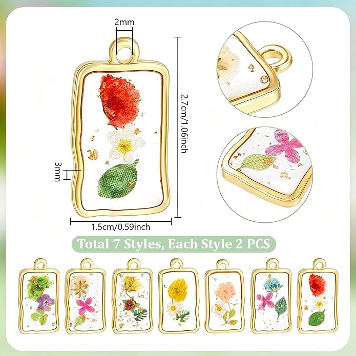 PH PandaHall 14pcs 7 Styles Resin Flower Charms 1 inch Dried Pressed Flower - Image 2