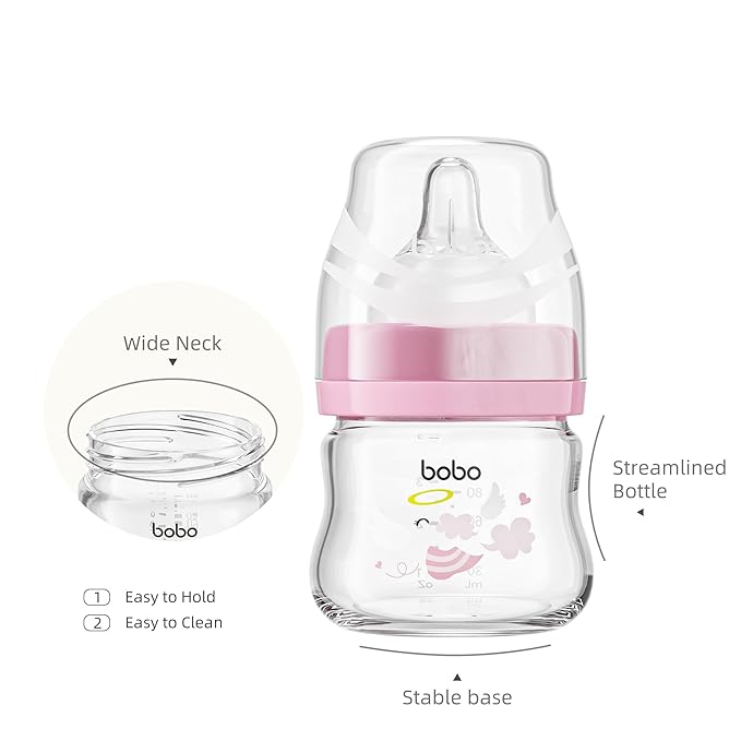 YOHKOH Glass Baby Bottles with Slow Flow Nipple, Newborn Anti-Colic Baby Bottles for 0+ Months, Wide Neck Feeding Bottle, Clear (Red, 2.7oz (Pack of 4))