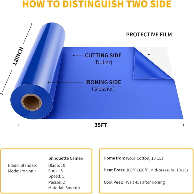 VinylRus Heat Transfer Vinyl-12” x 35FT Royal Blue Iron on Vinyl Roll - Image 6