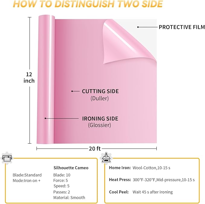 VinylRus Heat Transfer Vinyl-12” x 20ft Pink Iron on Vinyl Roll - Image 4