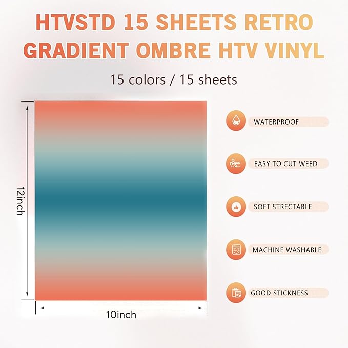 Gradient HTV Heat Transfer Vinyl 15 Sheets 12×10in Iron on Vinyl | Ombre - Image 2