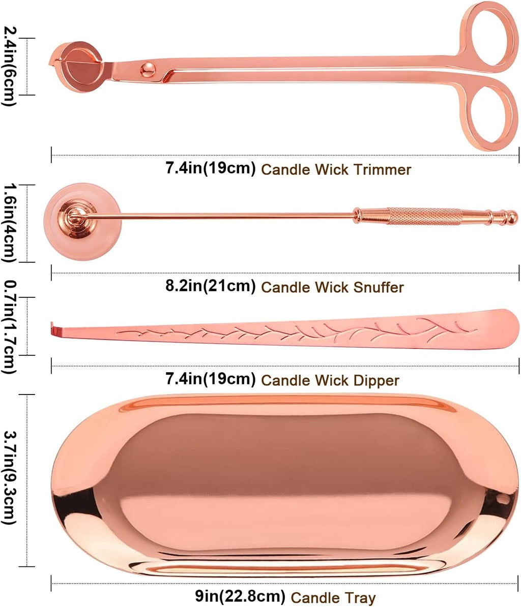 Lsnisni 4 in 1 Champagne Gold Candle Accessory Set with Candle Storage Tray Plate, Wick Trimmer Cutter, Candle Snuffer and Candle Wick Dipper, Steel Candle Care Kit with Gift Package for Candle Lover
