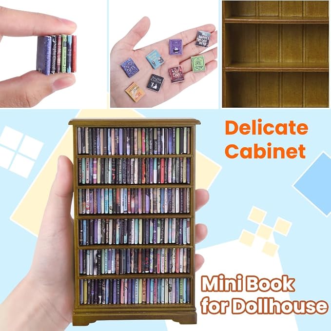 DIYDEC Mini Bookshelf with 180pcs Mini Books Miniature Anxiety Bookshelf - Image 2