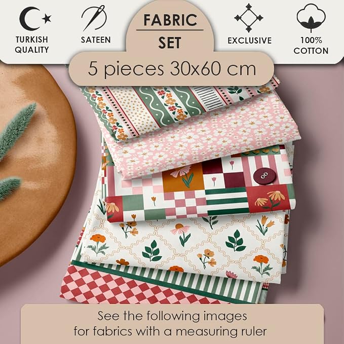 Pink & Green Floral Cotton Fabric Bundle, 5 Coordinating Fabric Panels - Image 2