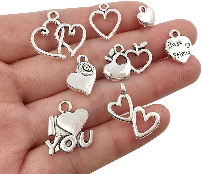 WOCRAFT 100 pcs Mix Antique Silver Heart Beads Charms - Image 5