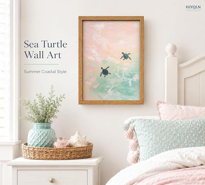 Framed Turtle Canvas Wall Art, Summer Tropical Animal Painting Picture Wall - Image 2