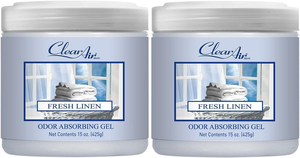 Clear Air Odor Absorber Gel - 15 oz, Pack of 2 - Air Freshener Absorbs and Eliminates Odors in Bathrooms, Cars, Boats, RVs and Pet Areas - Made with Essential Oils - Fresh Linen Scent