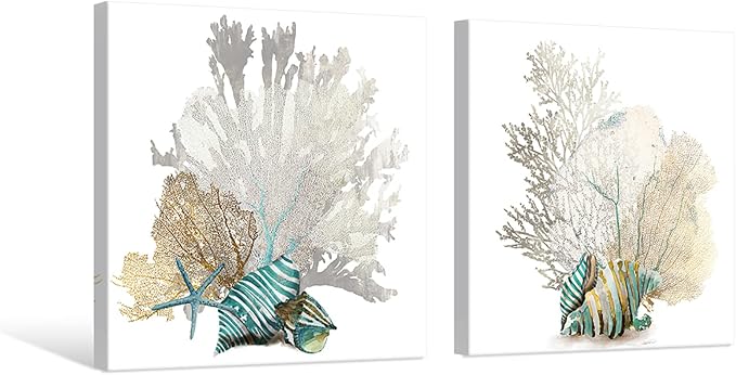 JAPO ART White Coral Wall Art Coastal Wall Decor Beach Bathroom Decor Sea Shell - Image 2
