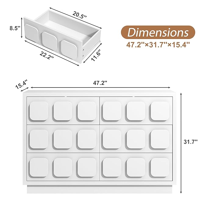 Anbuy White Baby Dresser for Bedroom, Dresser for Baby with 6 Drawers, Storage and Organization Unit with Square Handles for Nursery, Kids Bedroom
