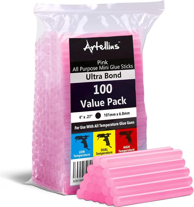 Artellius - Pink Glitter Hot Glue Sticks 4" x.27" - Ultra Bond Hot Melt by Artellius