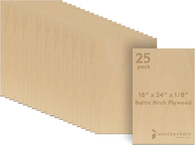 Baltic Birch Plywood, 3 mm 1/8 x 18 x 24 Inch Craft Wood, Box of 25 B/BB Grade by Woodpeckers