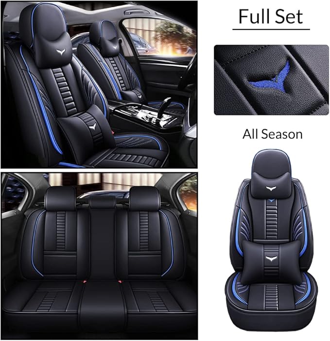 Full Set of Universal Fit Automotive Seat Covers fit for Suzuki 1999-2025 95% Models, PU Leather Automobile Interior Sets with Headrest & Back Pillow Black & Blue Line