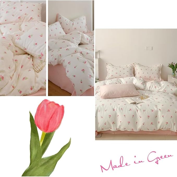 Nayoroom Pink Floral Duvet Cover Queen Size Cute Tulip Printed on White - Image 4