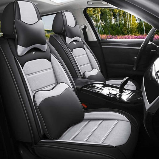 Leather Seat Cover for Ford Edge 2010-2026,Waterproof Soft Seat Covers,Interior Accessories Seat Covers Cushion Vehicle Protector Airbag Compatible(Black&Gray,Full Set with Pillow)
