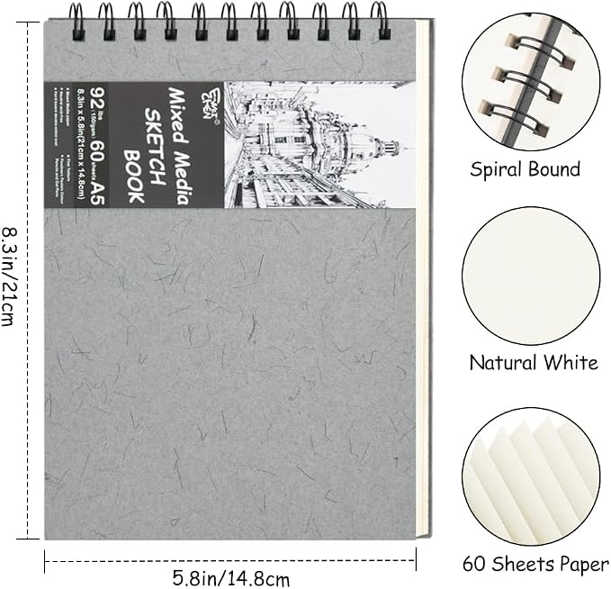 8.3x5.8 Sketch Book, Top Spiral Bound Sketch Pad, 60sheets 92lb/150gsm Nature - Image 2