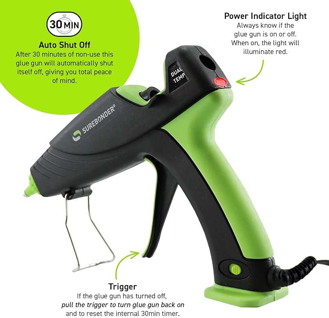 Surebonder Auto Shut Off Hot Glue Gun, Dual Temperature, Full Size, 1.5X Power - Image 2