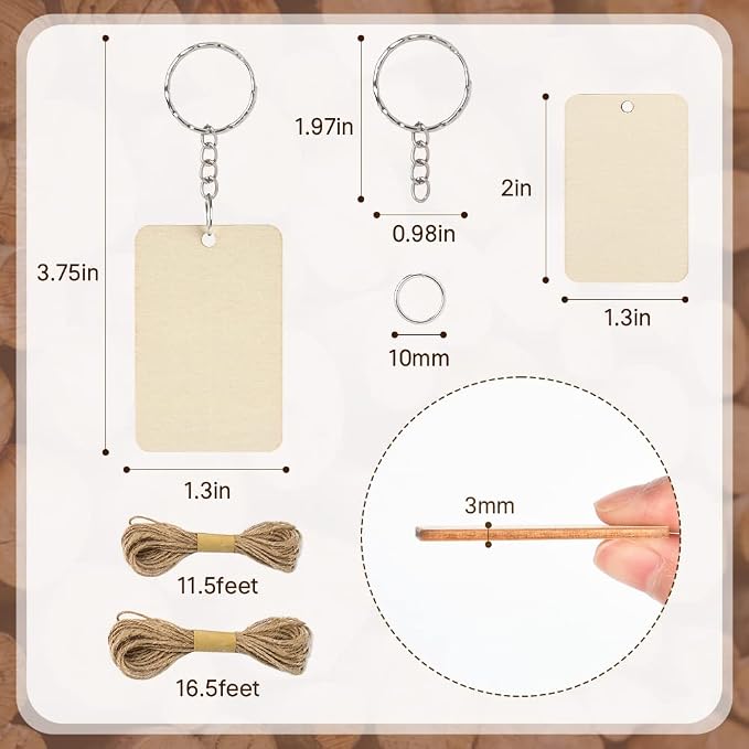 50Pcs Blank Rectangle Wooden Keychain Set, Unfinished Wood Slices - Image 6