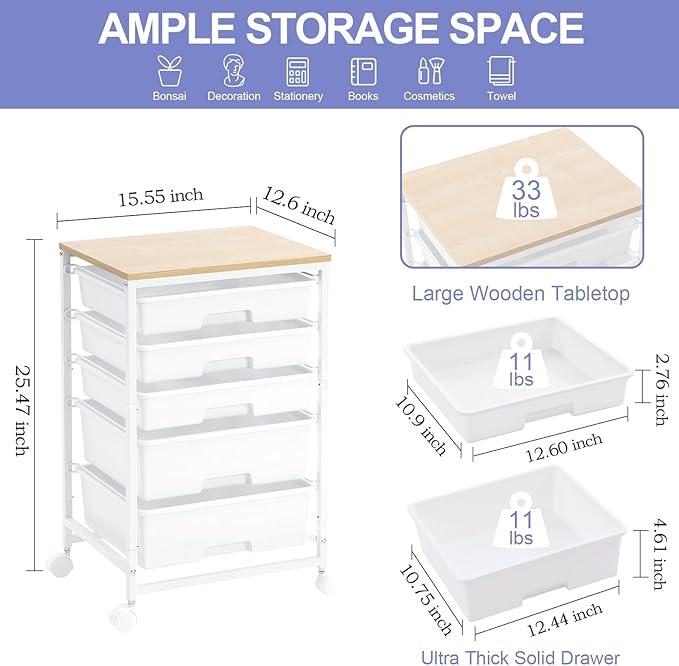 SYKIARIOL Utility Cart with 5 Drawers, Storage Drawer Cart with Wooden Tabletop - Image 3