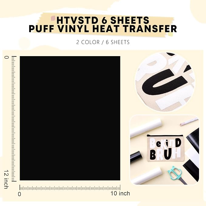 HTVSTD Black White Puff HTV Heat Transfer Vinyl 6pcs 12×10in | Puff Iron on - Image 2