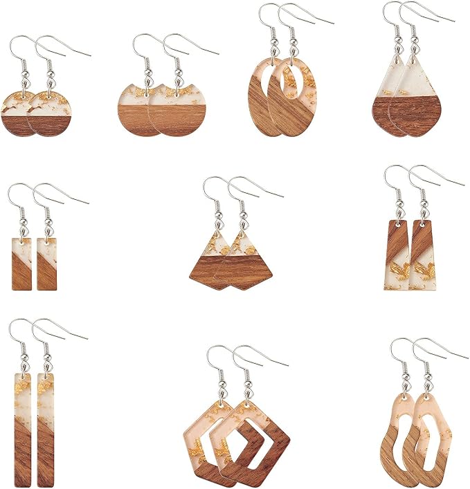 FASHEWELRY 20Pcs Resin Wooden Earring Pendants 10 Styles Gold Teardrop - Image 2