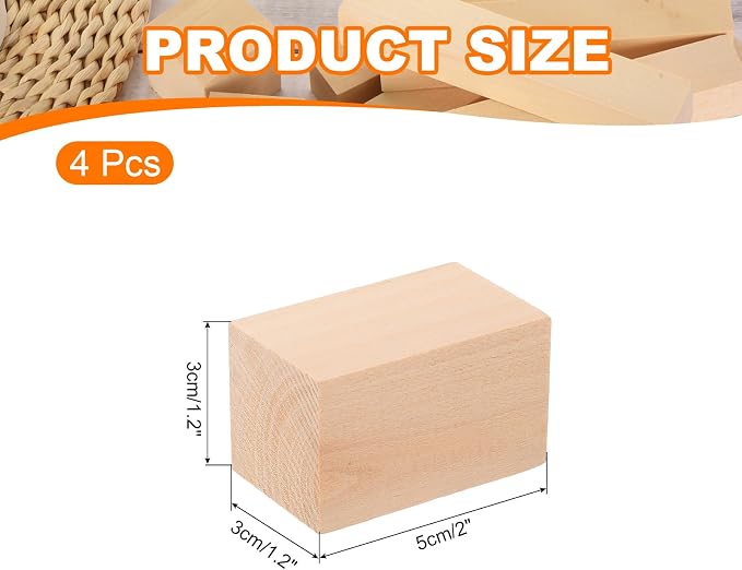 MECCANIXITY 4Pcs Basswood Carving Block, 1.2"x1.2"x2" Square Wooden Dowels - Image 2