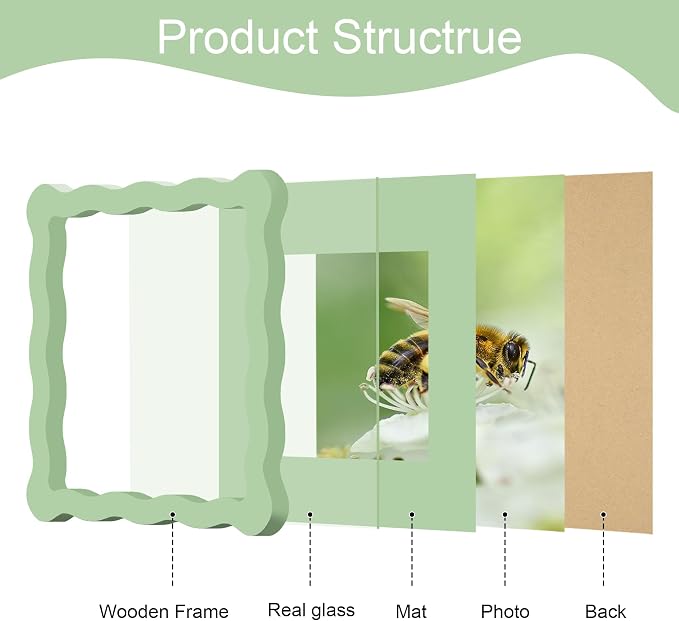 6x6 Picture Frame with Mat for 4x4, Wavy Edge Wooden Real Glass Photo Frame for - Image 5