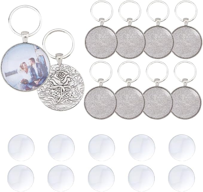 DICOSMETIC 10 Sets Cabochon Keychain Blanks Keychain Pendant Tray 35mm Platinum by DICOSMETIC