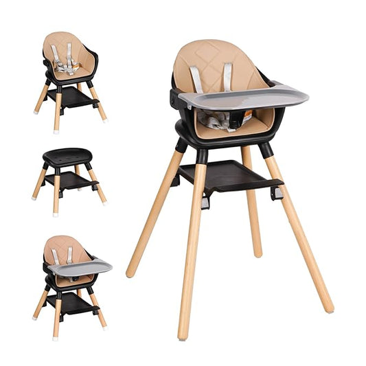 High Chair, 6 in 1 Wooden Convertible High Chairs for Babies and Toddlers, Booster Seat with Double Tray & Reversible Footrest Baby Highchair, 5-Point Harness Baby Feeding Chair, Black