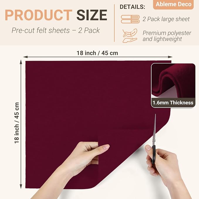 Burgundy Felt Fabric Sheets 18" x 18" 1.6mm Soft Craft Felt | Soft Precut Felt - Image 2