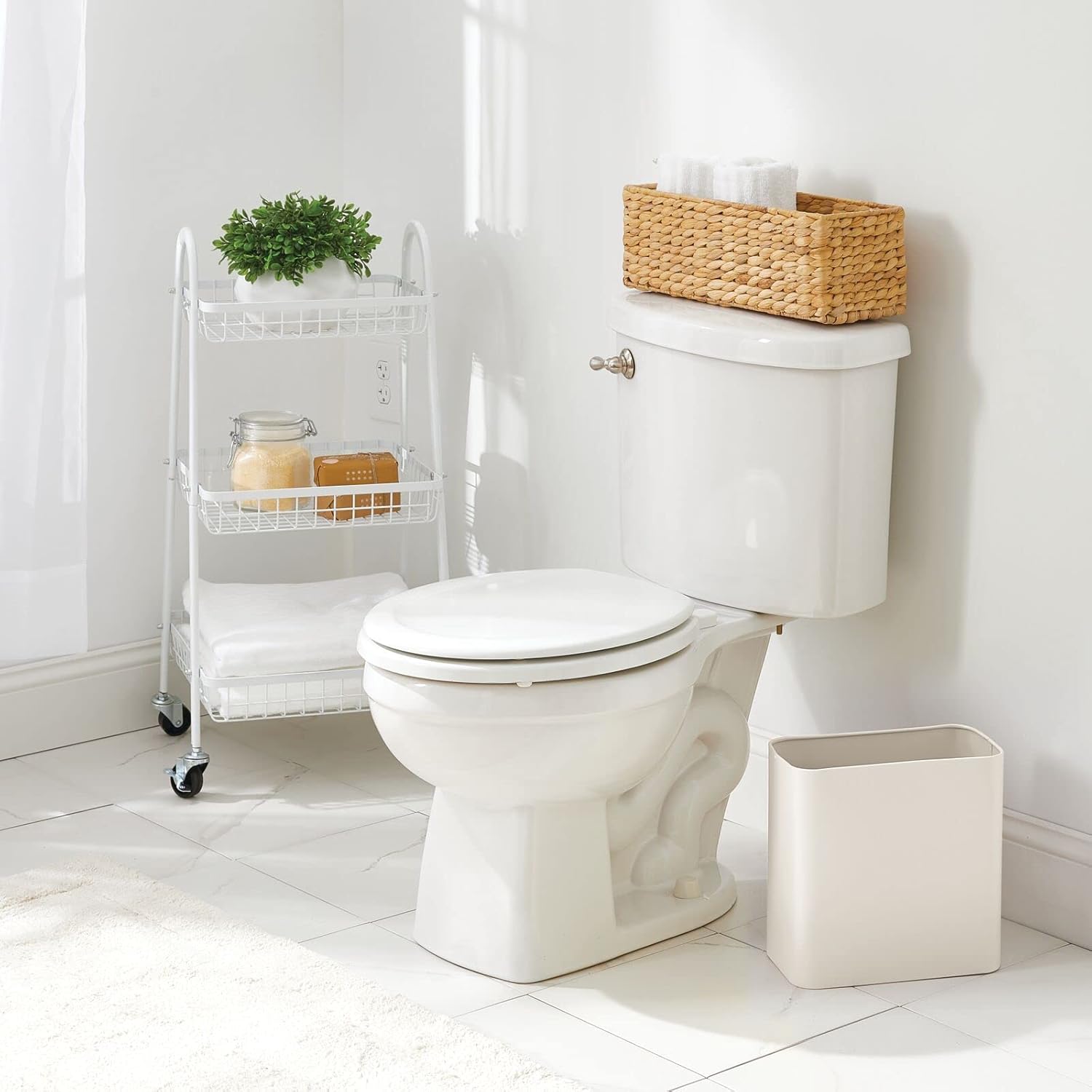 mDesign Small Metal 2.4 Gallon Trash Can Wastebasket Garbage Bin for Bathroom - Mini Slim Rubbish Waste Bin Trashcans for Master or Guest Bath, Bedroom, Garage, Laundry Room, or Playroom, Cream