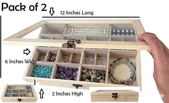2 Pack Unfinished Wood Box, Glass Lid, 14 Compartment Jewelry Organizer | - Image 2