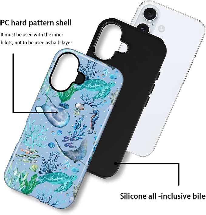 ZHEGAILIAN Case for iPhone 16 Plus, Ocean Stingray Turtle Seahorse Durable - Image 3