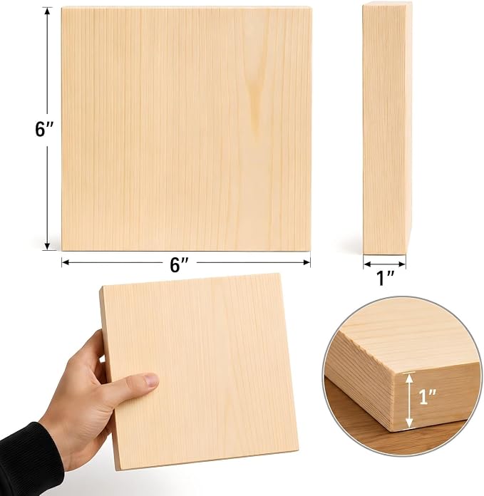 Unfinished Wood Blocks for Crafting, 4 Pack 6 x 6 x 1 Inch Solid Pine Wood - Image 2