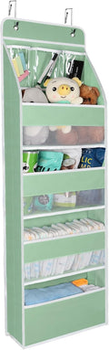 Univivi 5-Shelf Fabric Door Storage Over Door Hanging Organizer with 4 Large Pockets and 3 Small PVC Pockets Nursery Closet Cabinet Wall Mount Hanging Storage Organizers for Baby Nursery (Green)