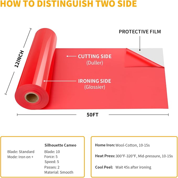 VinylRus Heat Transfer Vinyl-12” x 50ft Red Iron on Vinyl Roll - Image 6