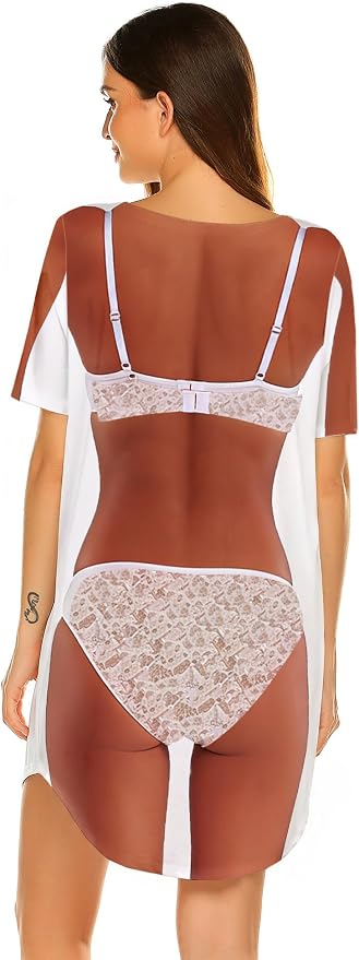 Ekouaer Women's Bikini Shirt Cover Up Short Sleeve Cute Bikini Print Cover-Up - Image 2