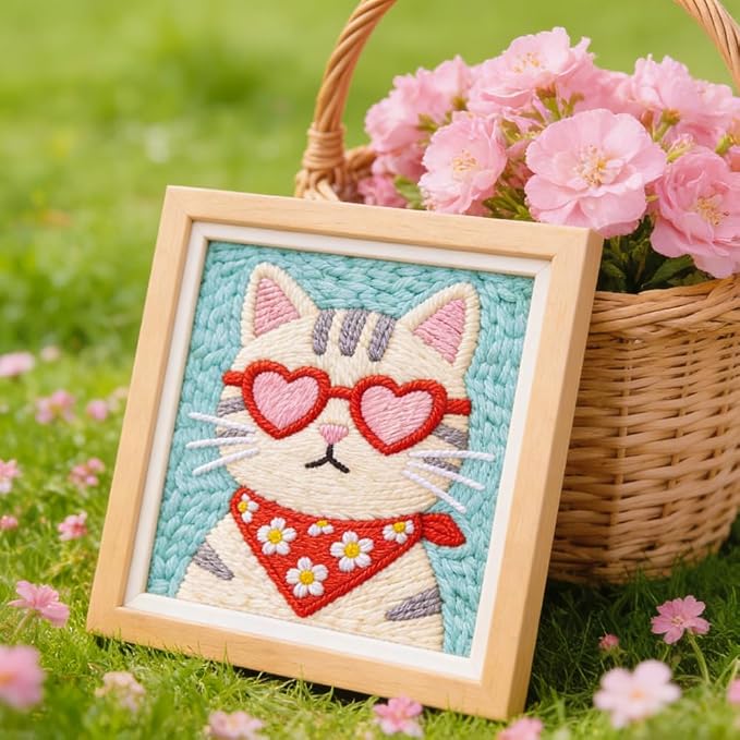 INFUNLY Cool Cat Punch Needle Kit Heart Cat DIY Embroidery Punch Needle Set - Image 4