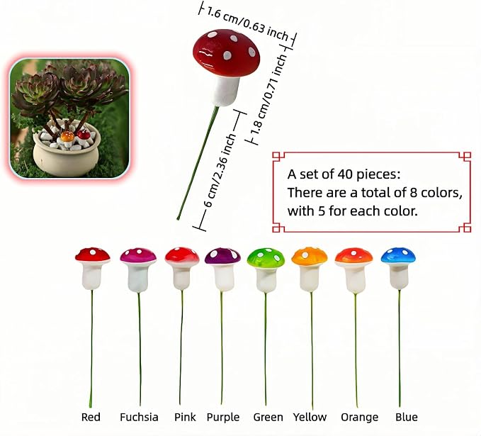 Enchanted Garden Miniature Mushroom Decorations, 40-Piece Resin Fairy Garden - Image 8