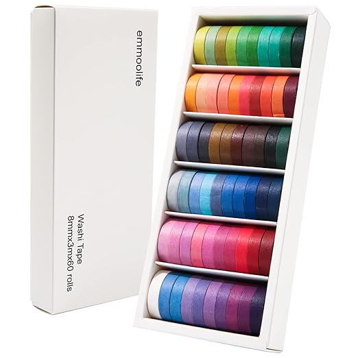 60 Rolls Washi Tape Sets 8mm Wide 10ft Long Basic Solid Color Rainbow Colored by emmoolife