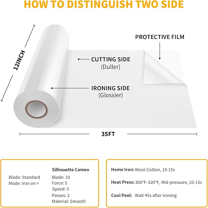 VinylRus Heat Transfer Vinyl-12” x 35FT White Iron on Vinyl Roll - Image 6