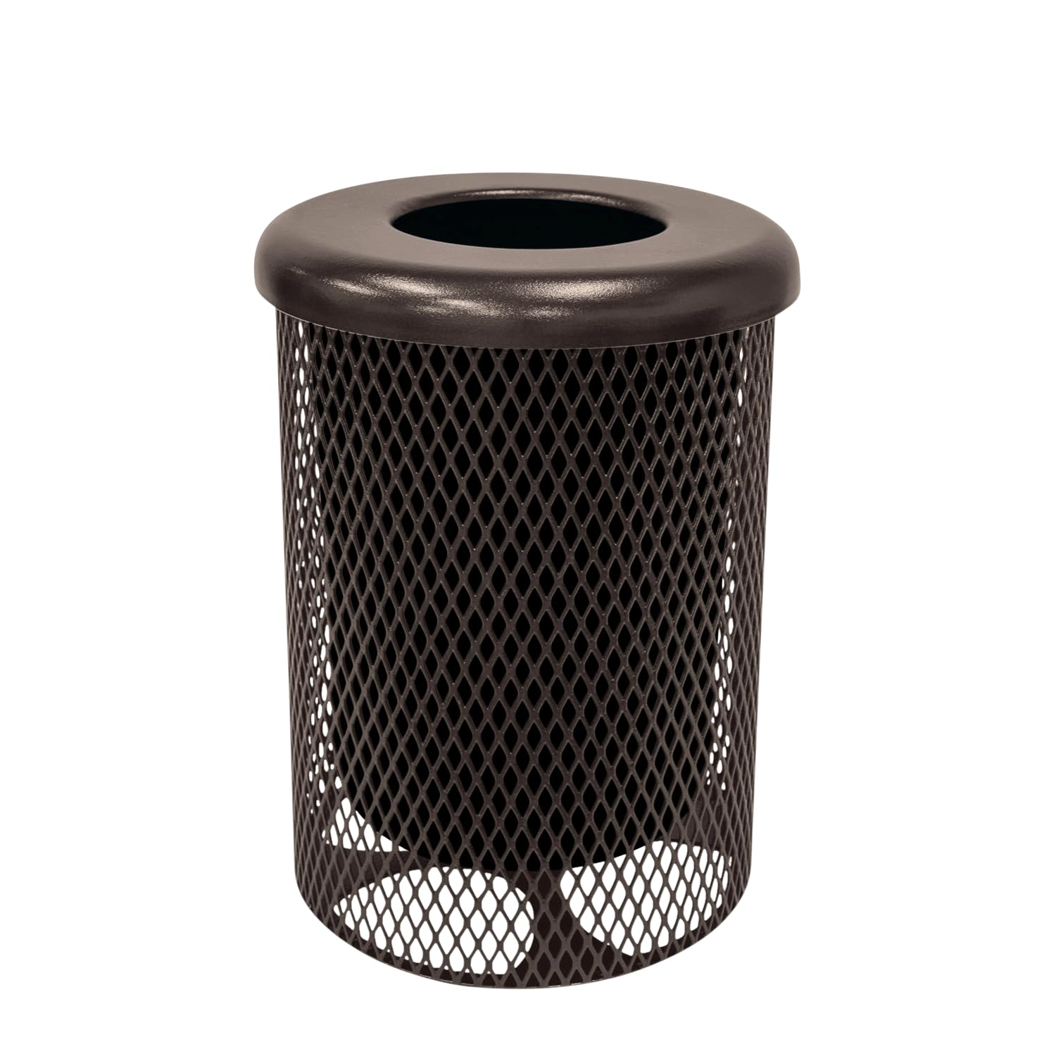 COATEDOUTDOORFURNITURE RFT-BRW Heavy Duty 32 Gallon Round Trash Receptacle, Liner Included, Brown with Flat Top Lid, Made in America