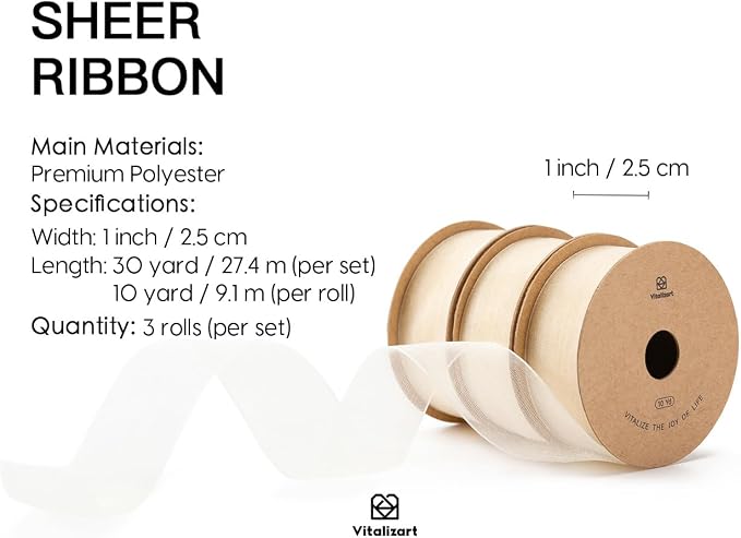Vitalizart Ivory Cream Ribbon Organza Sheer Ribbon 1 inch x 30Yd Handmade - Image 2