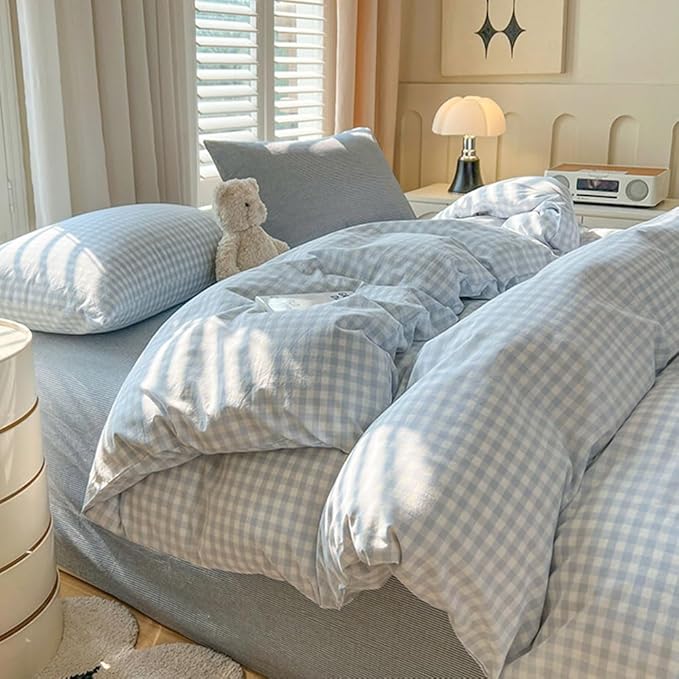 Nayoroom Gingham Duvet Cover King Size Blue White Plaid Checkered Comforter - Image 3