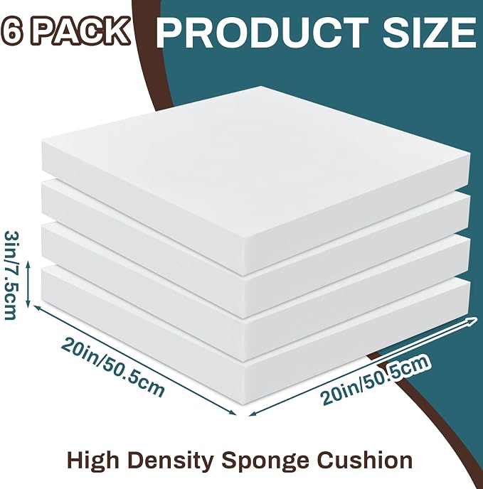 Frienda 6 Pack 3" X 20" X 20" Upholstery High Density Foam Cushion White - Image 2
