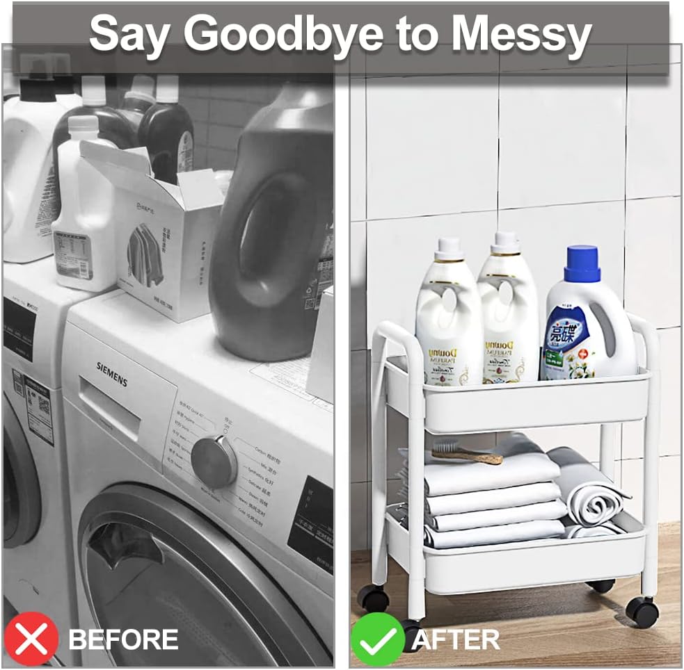 Melody House 2-Tier Utility Rolling Cart Storage Organizer Sofa Side Table with Wheels, Under Desk Mobile Trolley Organizer with Handle for Office Home Kitchen Organization, White