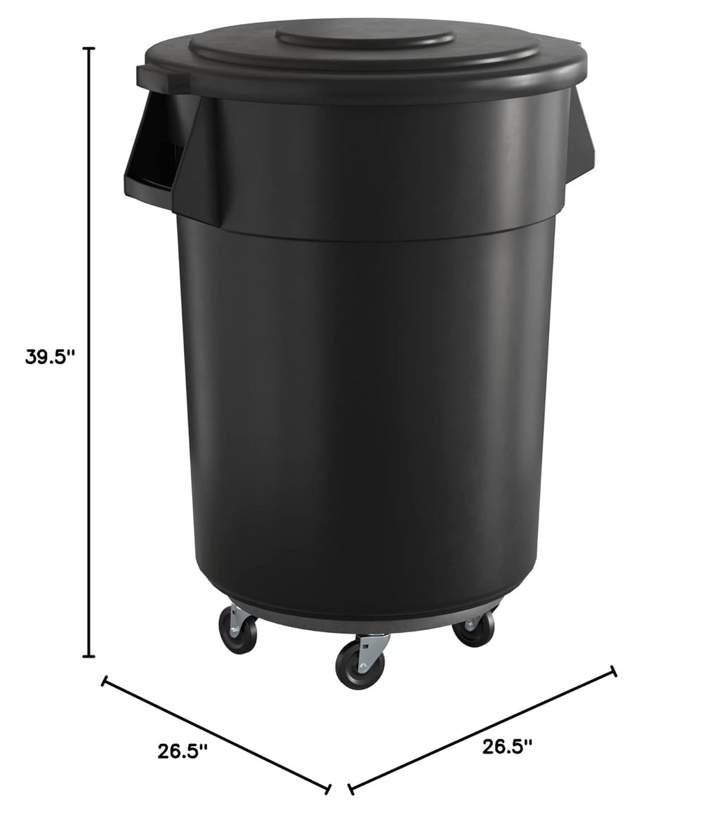 55 Gallon Black Round Commercial Trash Can with Lid and Dolly