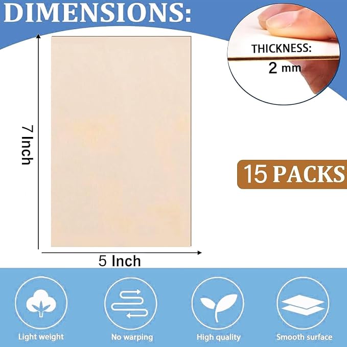 15 Pack Balsa Wood Sheets, 2mm Plywood Sheet, Basswood Sheets 5X7X1/16 Inch - Image 2