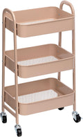 AGTEK Makeup Cart, Movable Rolling Organizer Cart, 3 Tier Metal Utility Cart with Lockable Wheels for Home & Office, Milk Tea