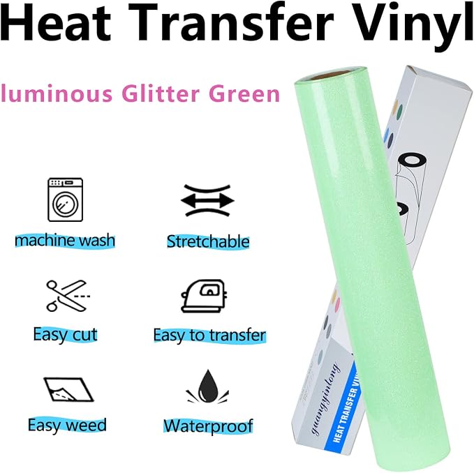 guangyintong Glow Glitter Light Green Heat Transfer Vinyl HTV Rolls, Glitter - Image 6