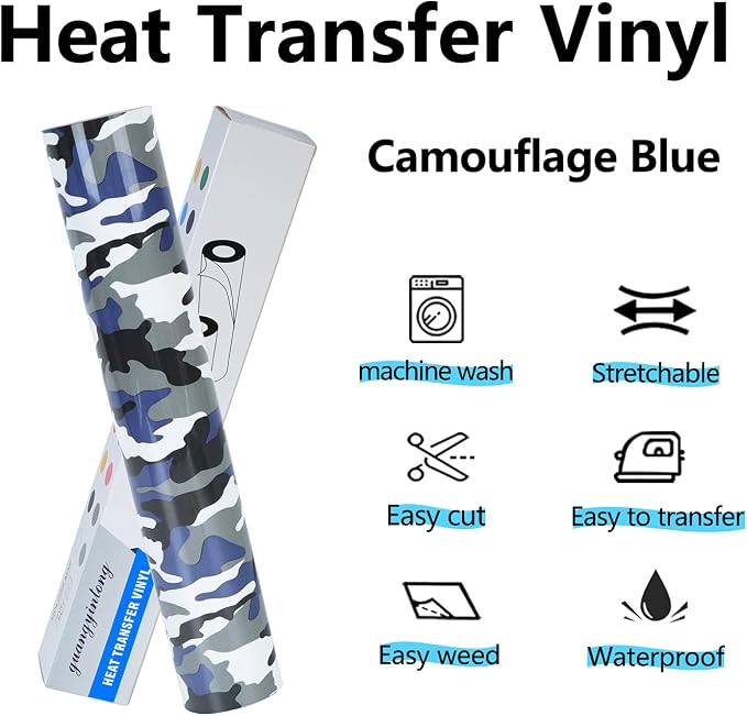 guangyintong Camouflage Blue Heat Transfer Vinyl HTV Rolls, Stretchy HTV Vinyl - Image 4